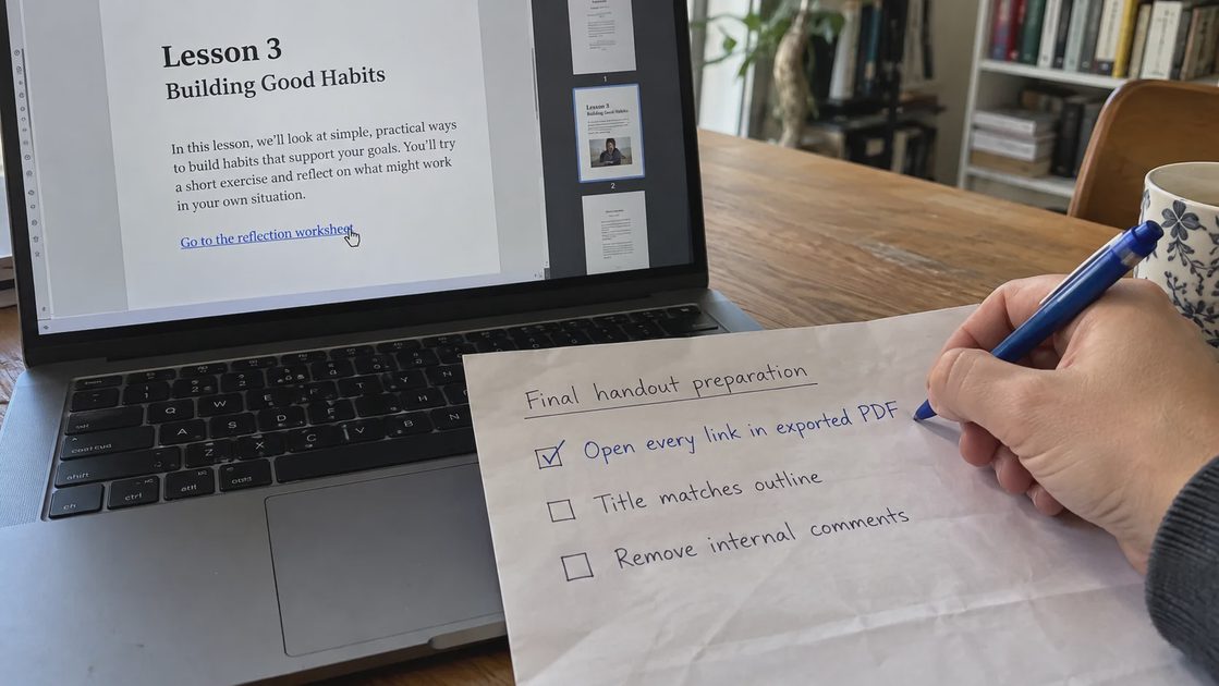 A person checks an exported PDF link beside a checklist specifying how to verify completion.