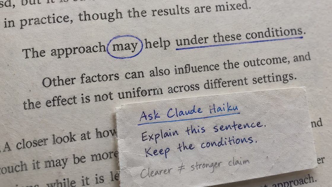 An annotated passage highlights qualifying language beside a prompt asking Claude Haiku to preserve the conditions.