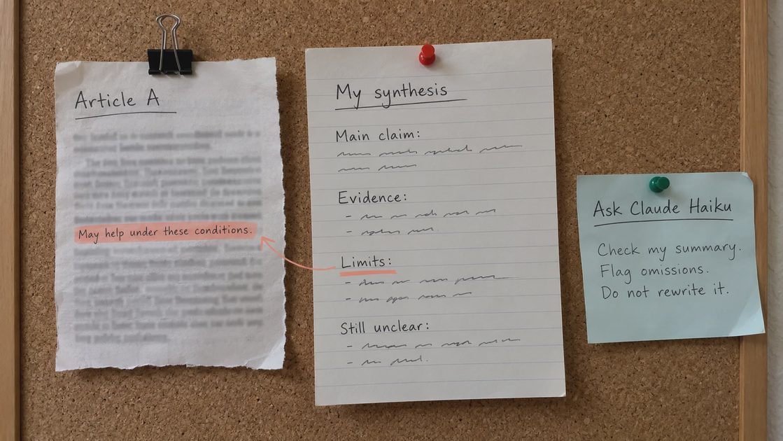 Reading notes connect an original passage, a learner’s synthesis, and a request for Claude Haiku to flag omissions.
