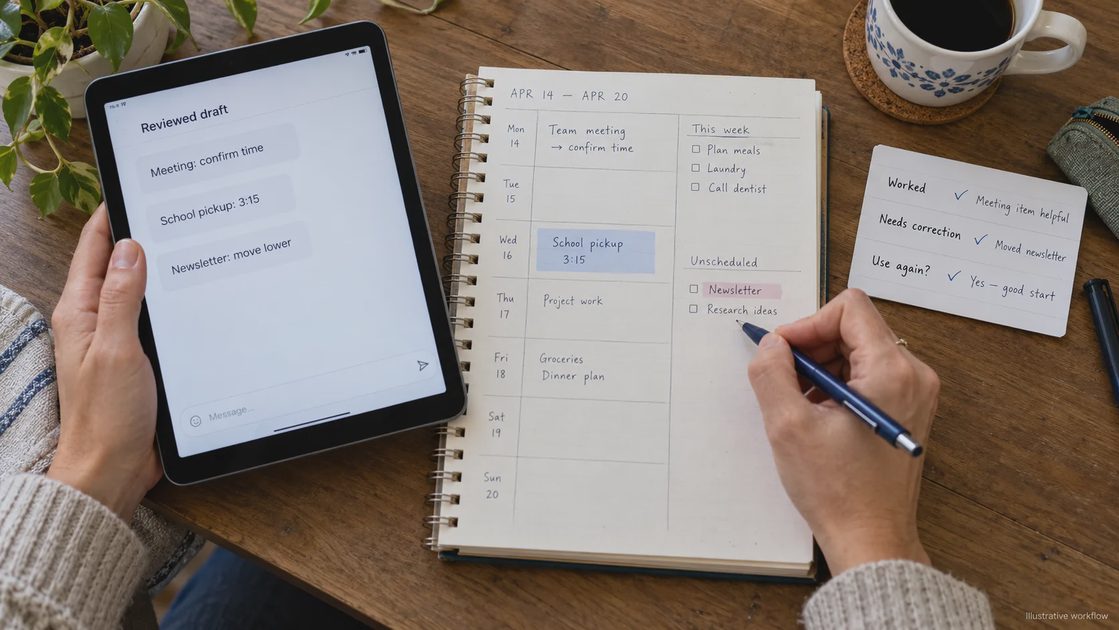 Hands transfer a reviewed AI draft into a weekly planner beside a short workflow evaluation card.