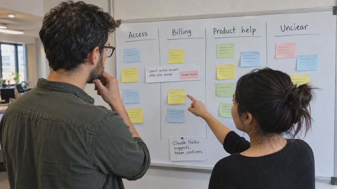 A small support team reviews routing categories and unresolved cases.