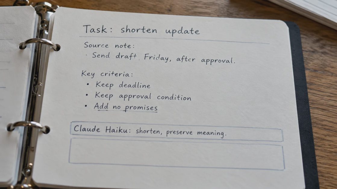 A writing test card specifies deadlines and conditions that a rewrite must preserve.