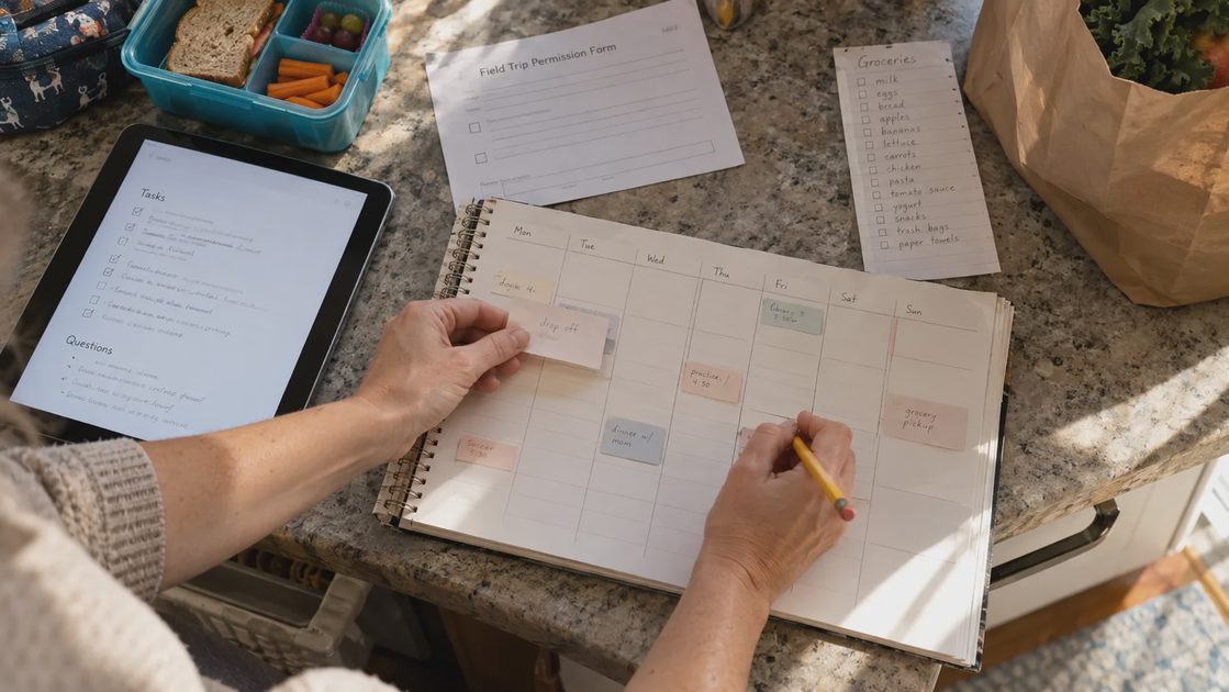 Hands arrange tasks in a weekly planner beside a tablet draft, a school form, and a grocery list.