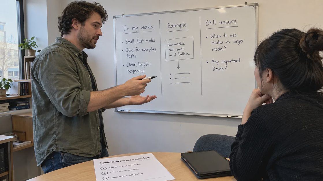A learner explains a concept on a whiteboard with the AI explanation closed.