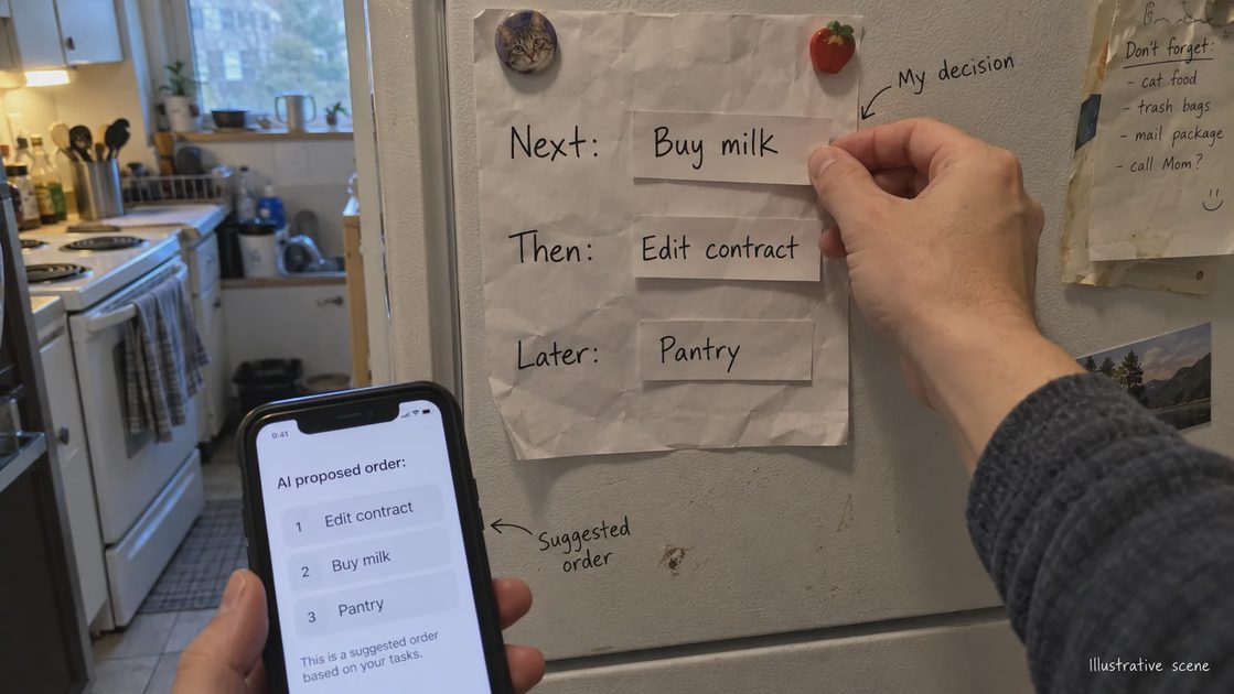 A woman moves buying milk ahead of editing a contract while comparing her priorities with an AI-suggested order.