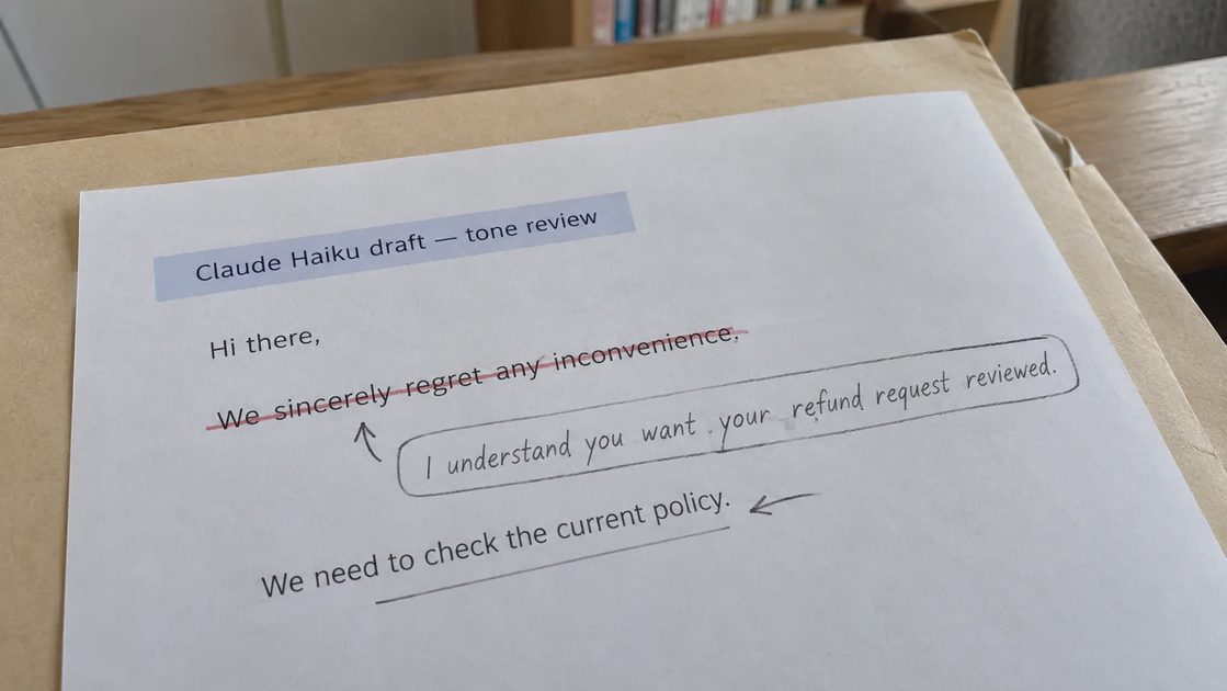 A support draft is edited to acknowledge the actual concern without promising an outcome.