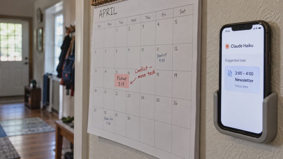 A proposed task conflicts with school pickup and remains unscheduled until reviewed.