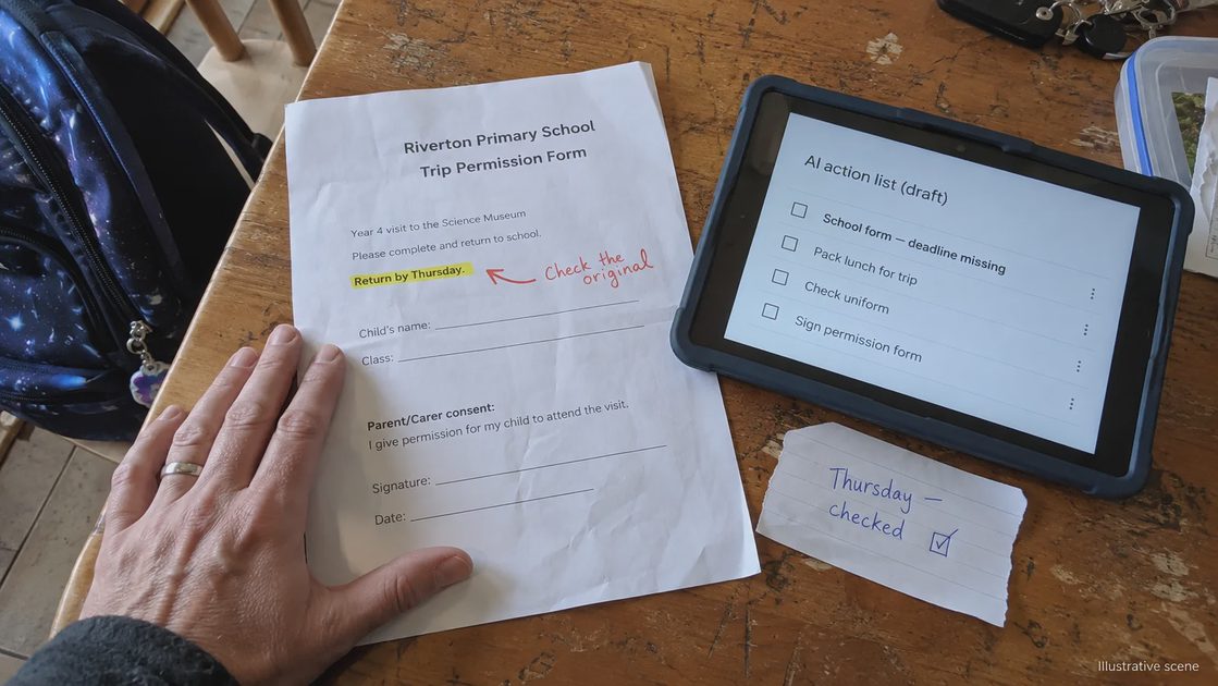 A woman checks a school form to confirm a deadline missing from an AI-generated action list.