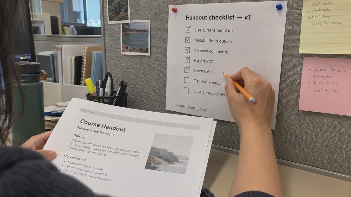 A coworker uses a pinned handout checklist while reviewing a printed course document.