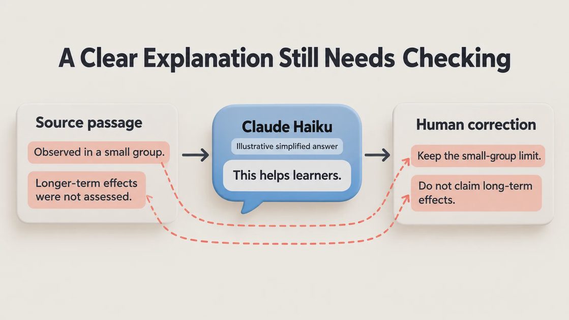 A Clear Explanation Still Needs Checking Illustrative Claude Haiku explanation compared with source conditions and human corrections restoring omitted limits.