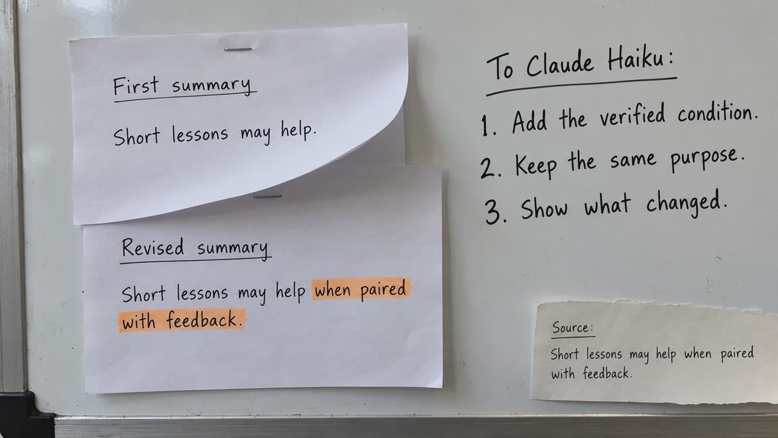 A handwritten comparison table flags a condition missing from a Claude summary and points back to the source.