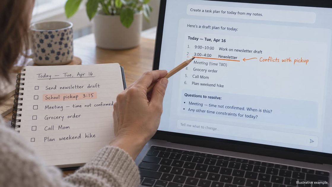 A reviewer marks a scheduling conflict between an AI draft and the school pickup time in her original notes.