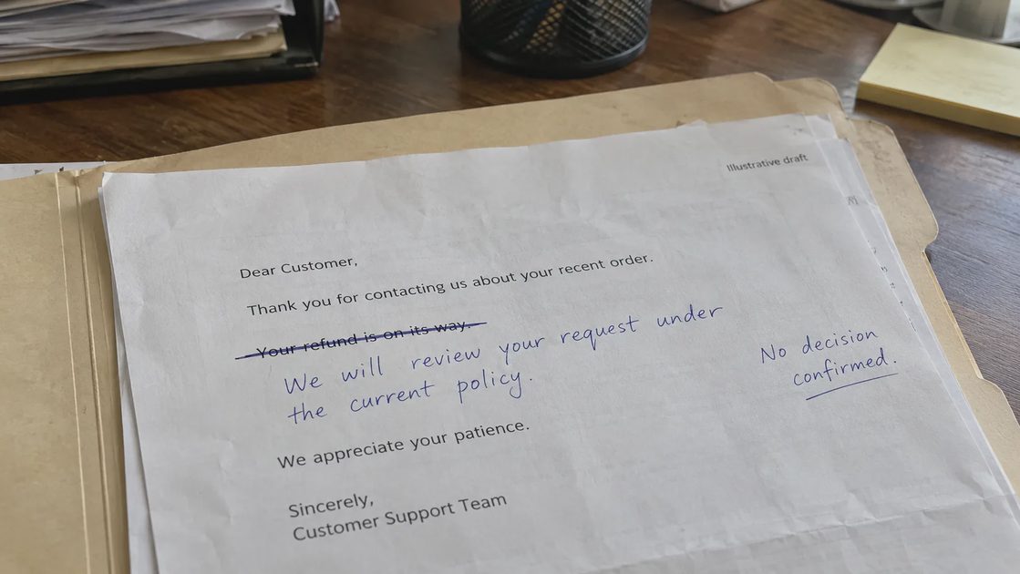 Review Before Send A Claude Haiku support draft remains unsent while its policy and promises are reviewed.
