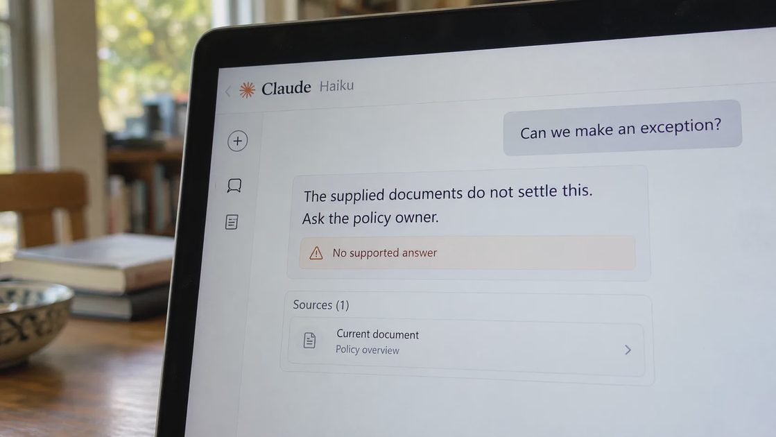 An illustrative Claude Haiku FAQ draft declines to invent a policy exception.