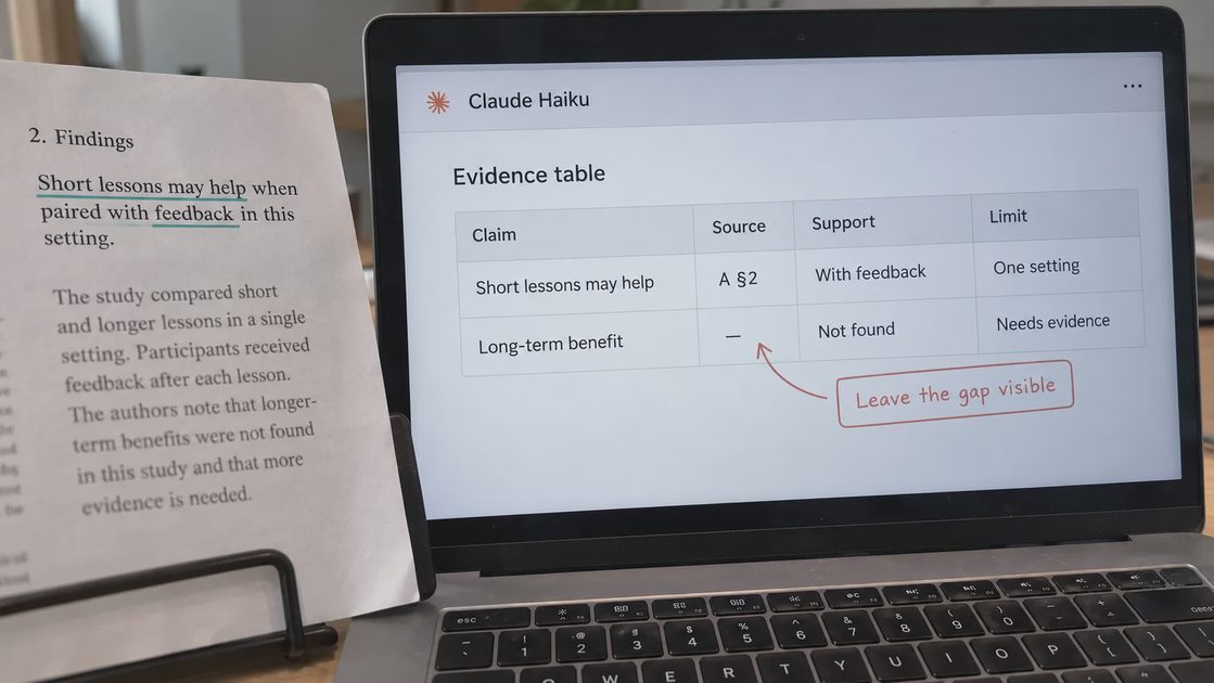 A source passage beside a Claude Haiku evidence table distinguishes supported claims from missing evidence.