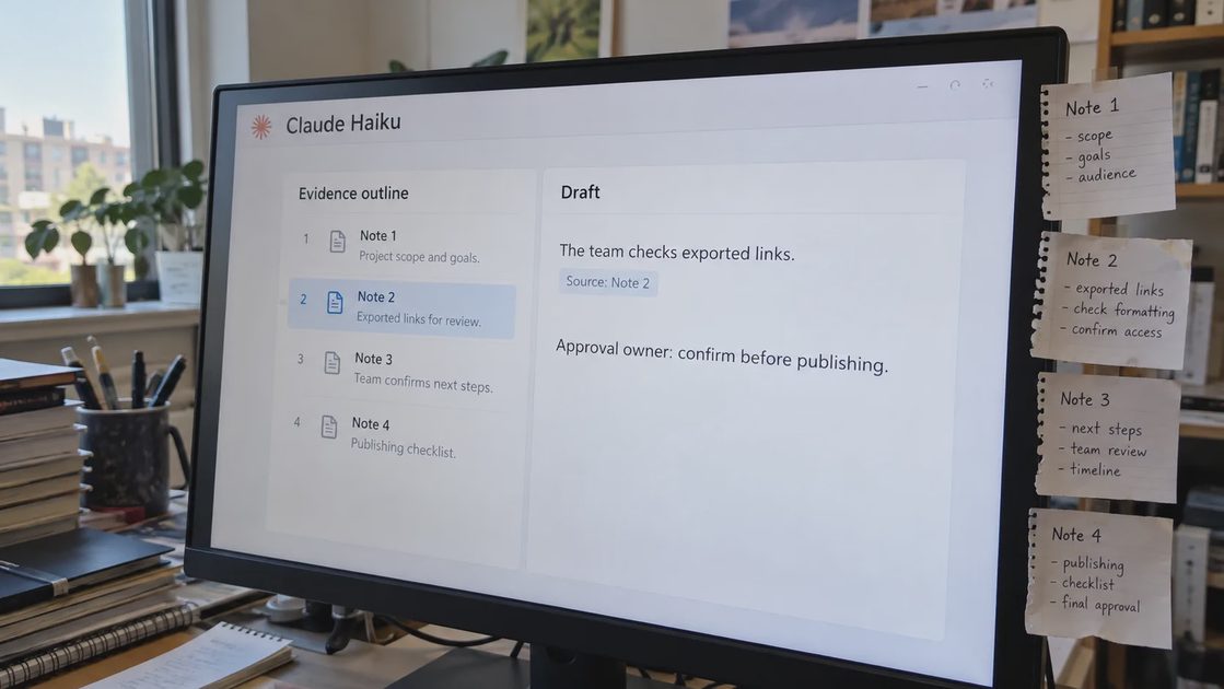 Draft Only From Approved Evidence An illustrative Claude Haiku draft preserves an unresolved approval question.