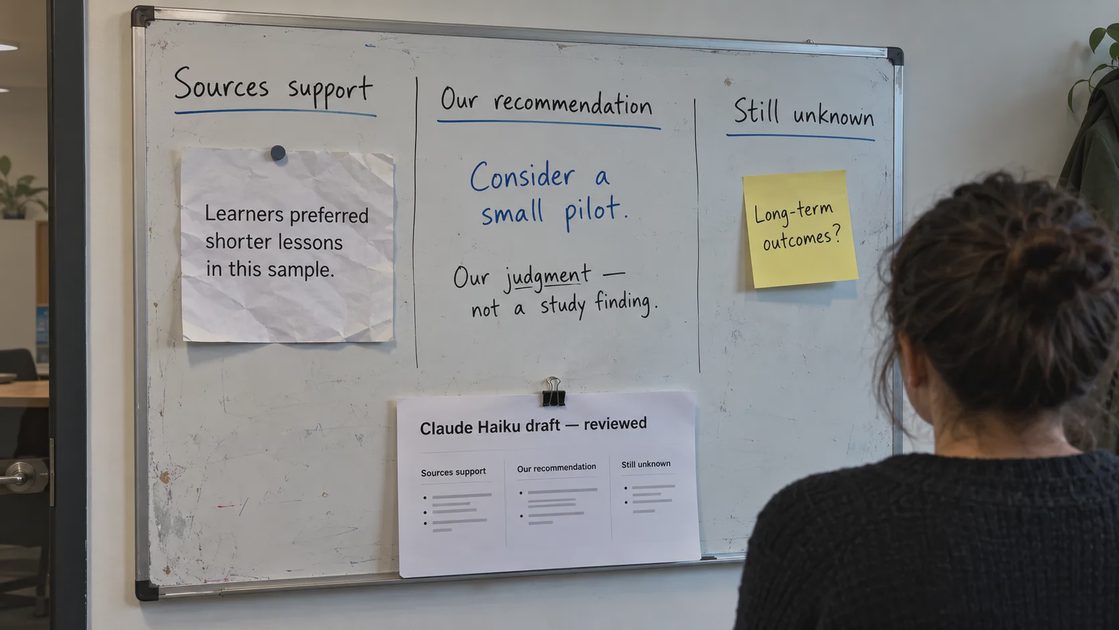 A research review board separates source findings, team recommendations, and unanswered questions.