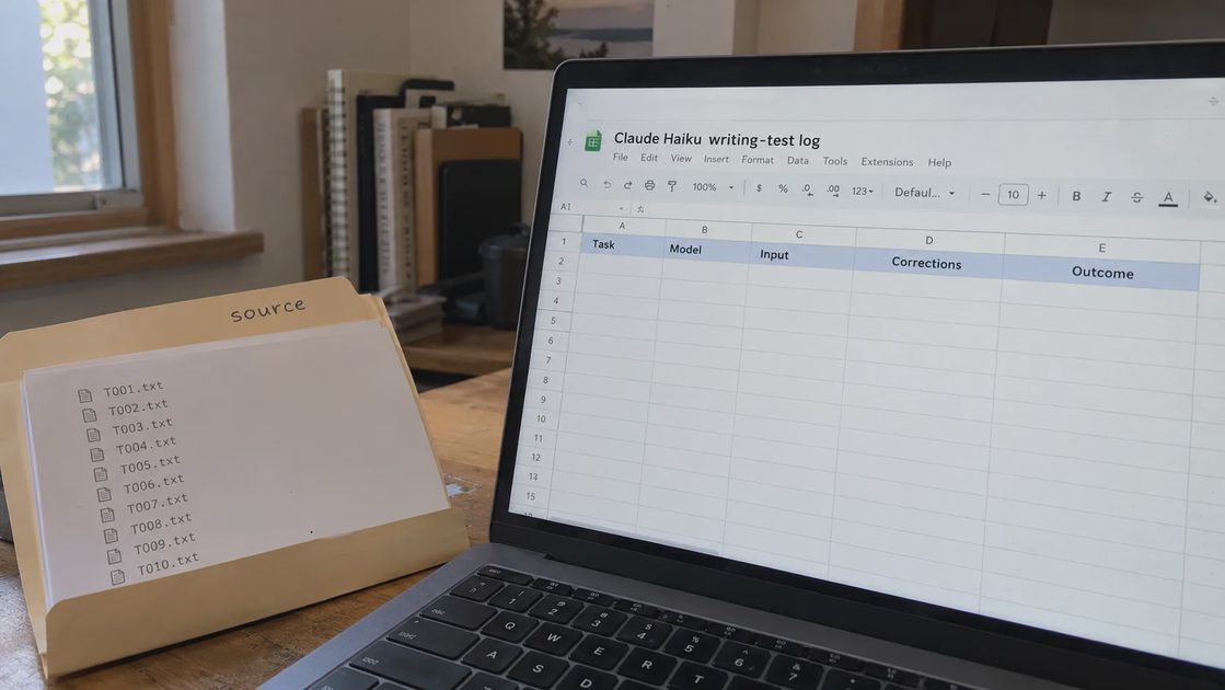 A blank evaluation log is ready to record model version, inputs, corrections, and outcomes.