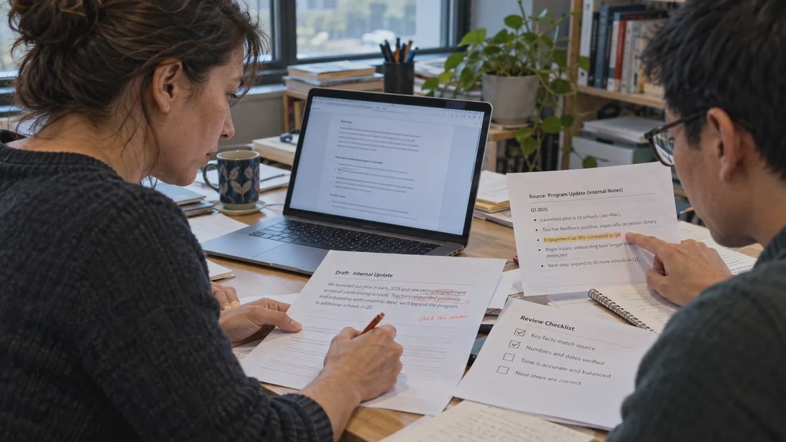Two coworkers compare a draft with source notes and mark corrections using a review checklist.